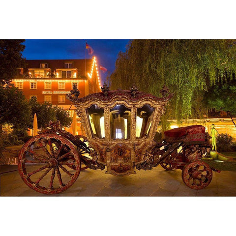 Germany-Lindau Island-Lake Constance Victorian ornate carriage in front of hotel at night Black Modern Wood Framed Art Print by Jaynes Gallery