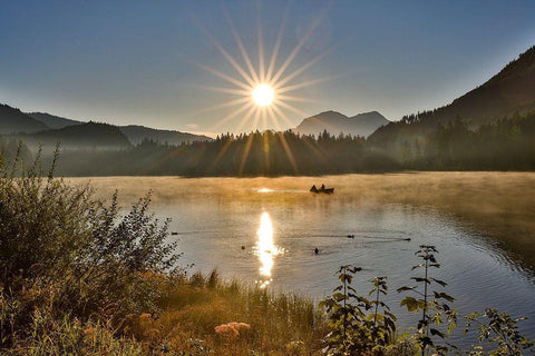 Germany-Bavaria-Ramsau bei Berchtesgaden-Fishing on Lake Hintersee in Early Morning Light Black Ornate Wood Framed Art Print with Double Matting by Looney, Hollice