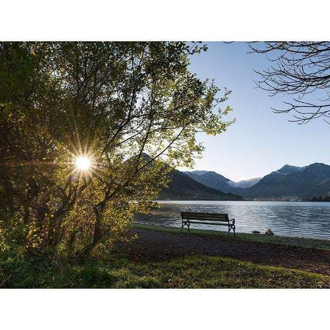 Sunrise at lake and village Schliersee in the Bavarian Alps during autumn-Bavaria-Germany White Modern Wood Framed Art Print by Zwick, Martin