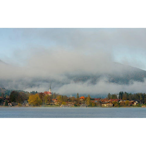 View towards Bad Wiessee Lake Tegernsee near village Rottach Egern in the Bavarian Alps  Black Modern Wood Framed Art Print by Zwick, Martin