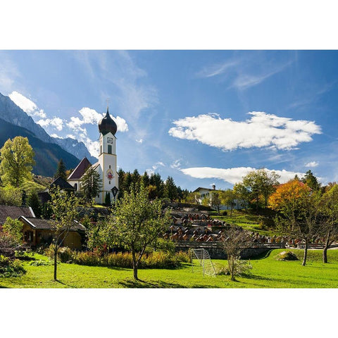 Church St-Johannes der Taufer-John the Baptist-Mount Zugspitze in the background-Village Grainau ne Black Modern Wood Framed Art Print by Zwick, Martin