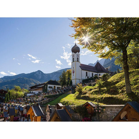 Church St-Johannes der Taufer-John the Baptist-Village Grainau near Garmisch-Partenkirchen and moun Black Modern Wood Framed Art Print by Zwick, Martin