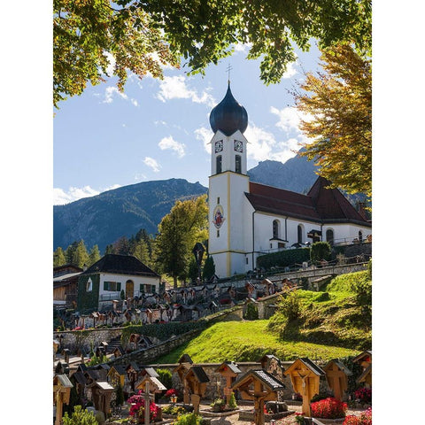 Church St-Johannes der Taufer-John the Baptist-Village Grainau near Garmisch-Partenkirchen and moun Black Modern Wood Framed Art Print by Zwick, Martin