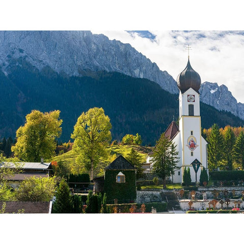 Church St-Johannes der Taufer-John the Baptist-Mount Zugspitze in the background-Village Grainau ne Black Modern Wood Framed Art Print by Zwick, Martin