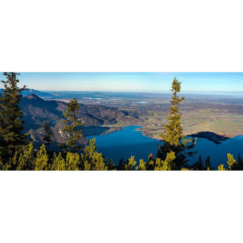 View from Mt-Jochberg near lake Walchensee towards lake Kochelsee and the foothills of the Bavarian Black Modern Wood Framed Art Print by Zwick, Martin