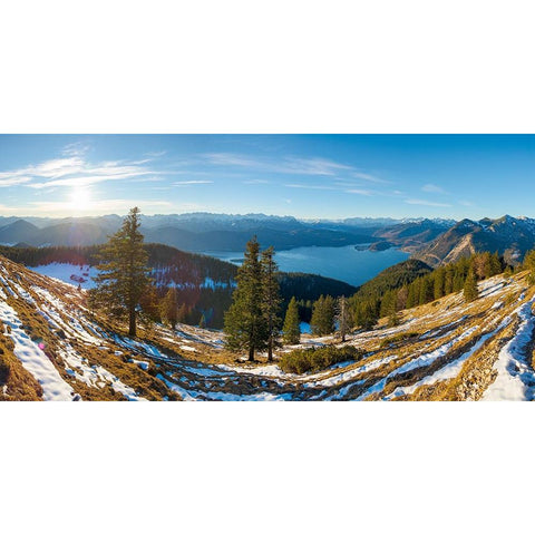 View from Mt-Jochberg near lake Walchensee towards lake Walchensee-Wetterstein mountain range and K Black Modern Wood Framed Art Print by Zwick, Martin