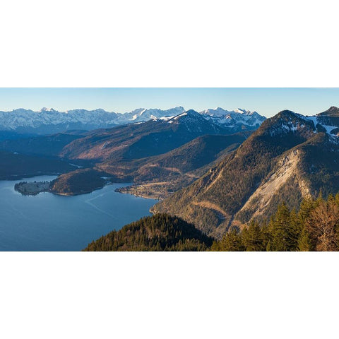 View from Mt-Jochberg near lake Walchensee towards lake Walchensee and Wetterstein mountain range-G Black Modern Wood Framed Art Print by Zwick, Martin