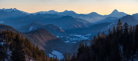 View towards Jachenau-Mt-Jochberg and Mt-Guffert-View from Mt-Herzogstand near lake Walchensee-Germ White Modern Wood Framed Art Print with Double Matting by Zwick, Martin