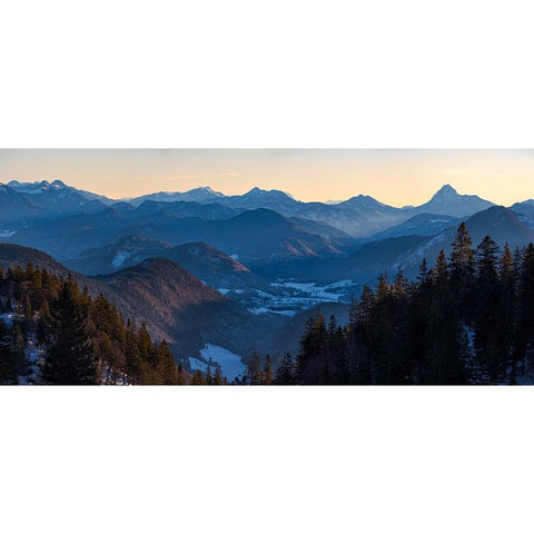 View towards Jachenau-Mt-Jochberg and Mt-Guffert-View from Mt-Herzogstand near lake Walchensee-Germ Black Modern Wood Framed Art Print by Zwick, Martin