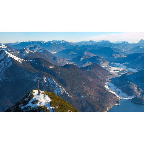 View towards Jachenau and Karwendel mountain range-View from Mt-Herzogstand near lake Walchensee-Ge Black Modern Wood Framed Art Print by Zwick, Martin