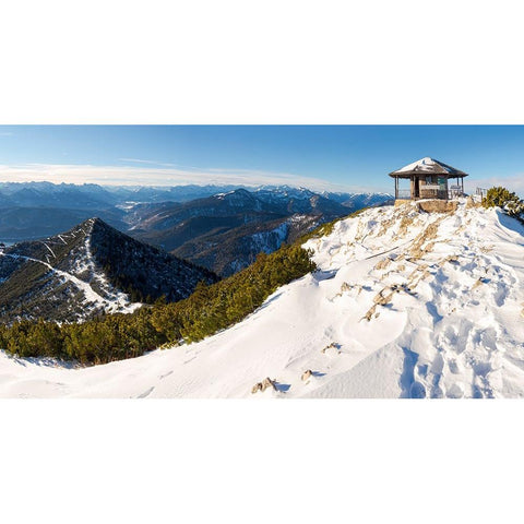 View towards the summit pavilion-View from Mt-Herzogstand near lake Walchensee-Germany-Bavaria Black Modern Wood Framed Art Print with Double Matting by Zwick, Martin
