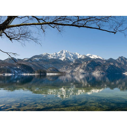 Lake Kochelsee at village Kochel am See during winter in the Bavarian Alps-Mt-Herzogstand in the ba Black Modern Wood Framed Art Print by Zwick, Martin