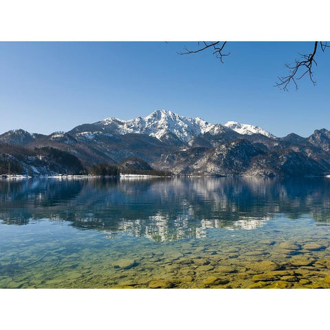 Lake Kochelsee at village Kochel am See during winter in the Bavarian Alps-Mt-Herzogstand in the ba Gold Ornate Wood Framed Art Print with Double Matting by Zwick, Martin