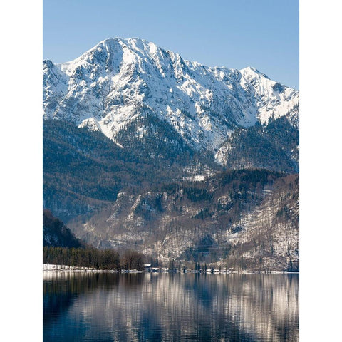 Lake Kochelsee at village Kochel am See during winter in the Bavarian Alps-Mt-Herzogstand in the ba Black Modern Wood Framed Art Print with Double Matting by Zwick, Martin