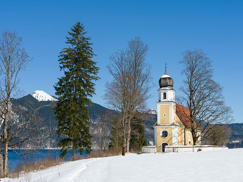Church Sankt Margareth at Zwergern Spitz-Lake Walchensee near village Einsiedl in the snowy Bavaria White Modern Wood Framed Art Print with Double Matting by Zwick, Martin