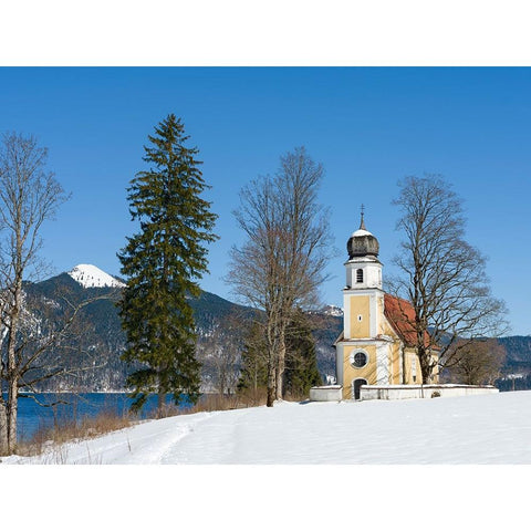 Church Sankt Margareth at Zwergern Spitz-Lake Walchensee near village Einsiedl in the snowy Bavaria Black Modern Wood Framed Art Print by Zwick, Martin