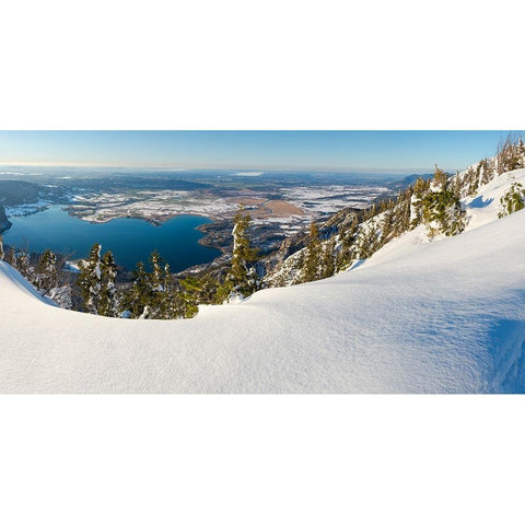 View towards lake Kochelsee and the foothills of the Alps near Munich-View from Mt-Jochberg near la Black Modern Wood Framed Art Print by Zwick, Martin