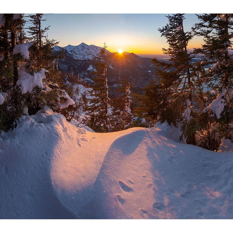 View from Mt-Jochberg near lake Walchensee towards Mt-Herzogstand during winter in the Bavarian Alp Black Modern Wood Framed Art Print by Zwick, Martin