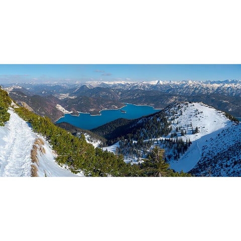 View towards lake Walchensee and Karwendel mountain range-View from Mt-Herzogstand near lake Walche Black Modern Wood Framed Art Print by Zwick, Martin