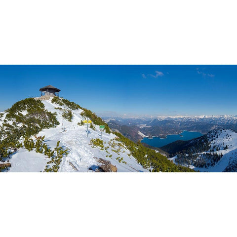 Summit of Mt-Herzogstand with pavilion near lake Walchensee during winter in the Bavarian Alps-Germ Black Modern Wood Framed Art Print with Double Matting by Zwick, Martin