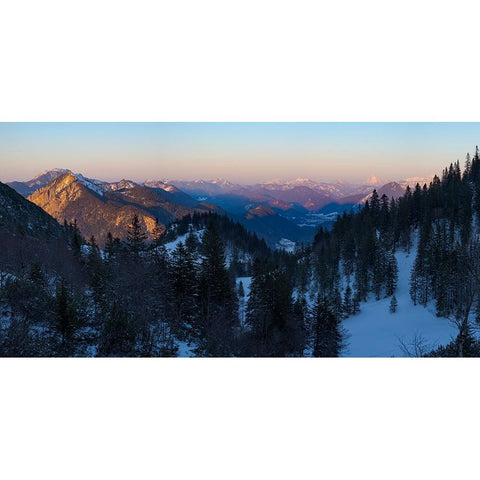 View towards Karwendel Mountains-Mt-Jochberg and Mt-Benediktenwand-View from Mt-Herzogstand near la White Modern Wood Framed Art Print by Zwick, Martin