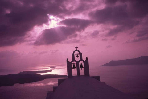 Greece, Santorini Island, Church steeple at night White Modern Wood Framed Art Print with Double Matting by Satushek, Steve