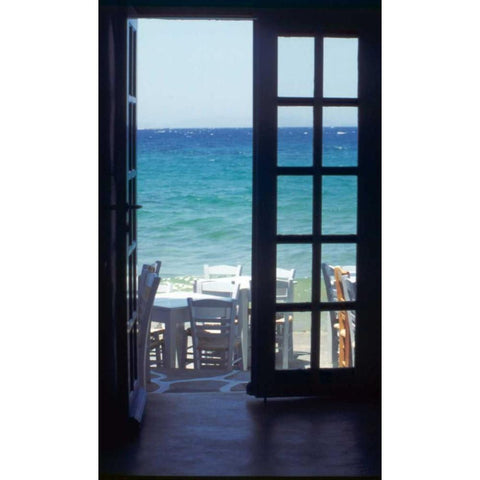 Greece, Island of Mykonos Ocean through door White Modern Wood Framed Art Print by Noble Gardner, Nancy