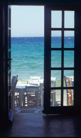 Greece, Island of Mykonos Ocean through door Black Ornate Wood Framed Art Print with Double Matting by Noble Gardner, Nancy