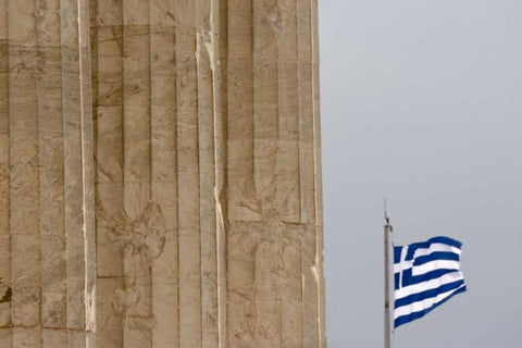 Greece, Acropolis Parthenon and Greek flag Black Ornate Wood Framed Art Print with Double Matting by Young, Bill
