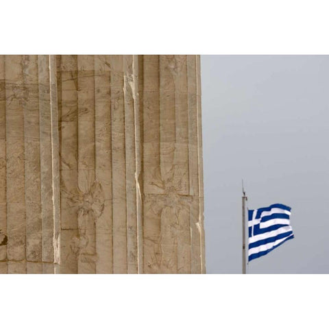 Greece, Acropolis Parthenon and Greek flag Black Modern Wood Framed Art Print with Double Matting by Young, Bill