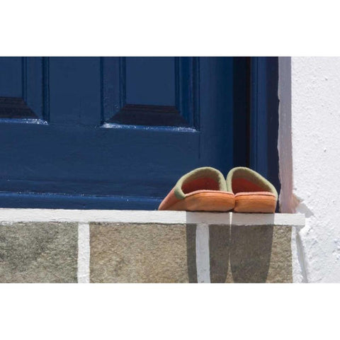 Greece, Mykonos, Hora Slippers on threshold Black Modern Wood Framed Art Print by Young, Bill