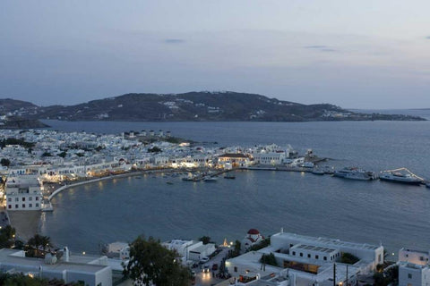 Greece, Mykonos, Hora Evening overlooking harbor White Modern Wood Framed Art Print with Double Matting by Young, Bill