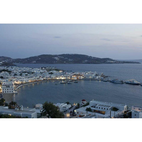Greece, Mykonos, Hora Evening overlooking harbor White Modern Wood Framed Art Print by Young, Bill