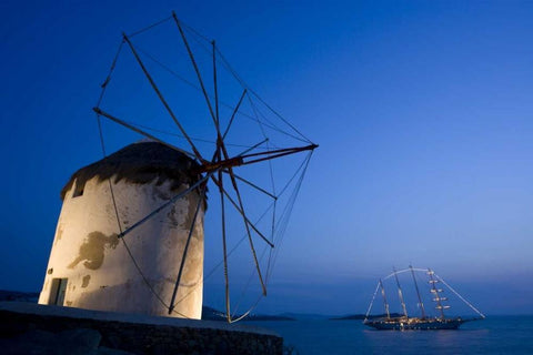 Greece, Mykonos, Hora Windmill and luxury yacht White Modern Wood Framed Art Print with Double Matting by Young, Bill