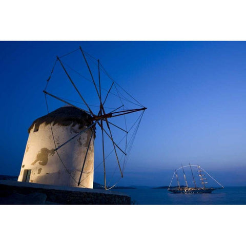 Greece, Mykonos, Hora Windmill and luxury yacht Gold Ornate Wood Framed Art Print with Double Matting by Young, Bill