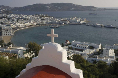 Greece, Mykonos, Hora Town and bay overlook Black Ornate Wood Framed Art Print with Double Matting by Young, Bill