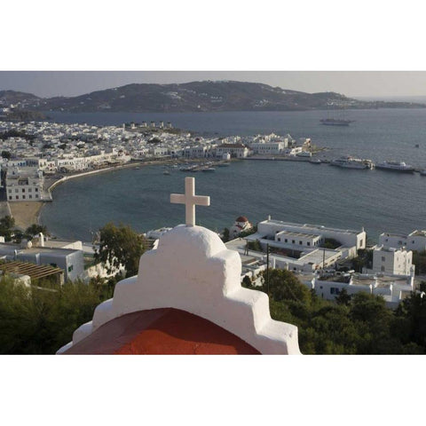 Greece, Mykonos, Hora Town and bay overlook Black Modern Wood Framed Art Print by Young, Bill