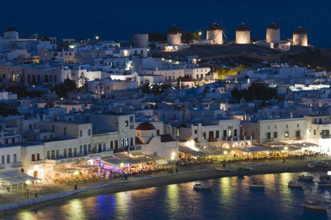 Greece, Hora Night view overlooking harbor Black Ornate Wood Framed Art Print with Double Matting by Young, Bill