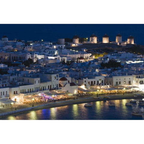Greece, Hora Night view overlooking harbor Black Modern Wood Framed Art Print by Young, Bill