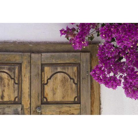 Greece, Hora Wooden doorway and bougainvillea White Modern Wood Framed Art Print by Young, Bill
