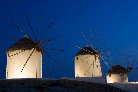 Greece, Mykonos, Hora Windmills lit at sunset Black Ornate Wood Framed Art Print with Double Matting by Young, Bill