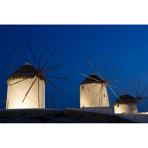 Greece, Mykonos, Hora Windmills lit at sunset Black Modern Wood Framed Art Print with Double Matting by Young, Bill