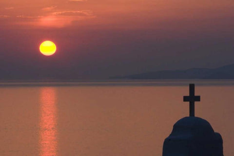 Greece, Mykonos Greek Orthodox church, sunset White Modern Wood Framed Art Print with Double Matting by Young, Bill