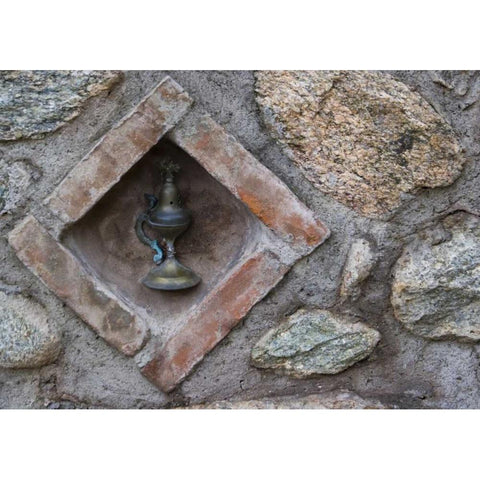 Greece, Meteora Lamp at Grand Meteora Monastery Black Modern Wood Framed Art Print by Young, Bill