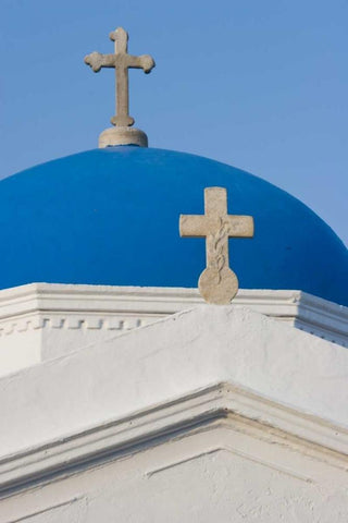 Greece, Mykonos Blue Greek Orthodox church dome White Modern Wood Framed Art Print with Double Matting by Young, Bill