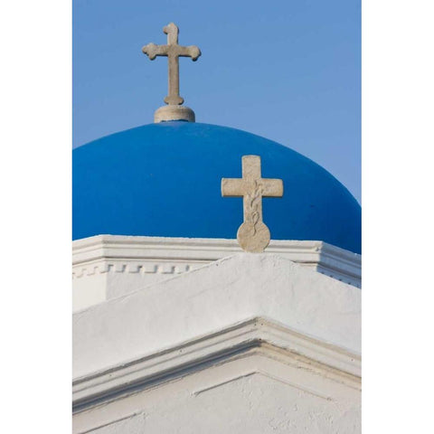 Greece, Mykonos Blue Greek Orthodox church dome Black Modern Wood Framed Art Print by Young, Bill