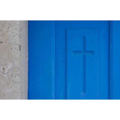 Greece, Oia Christian cross engraved in a door Black Modern Wood Framed Art Print by Young, Bill