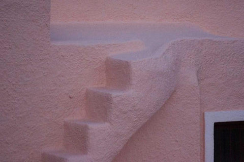 Greece, Thira, Oia Pink stucco wall and stairs White Modern Wood Framed Art Print with Double Matting by Young, Bill