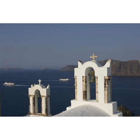 Greece, Thira, Oia Bay scenic with bell tower Gold Ornate Wood Framed Art Print with Double Matting by Young, Bill