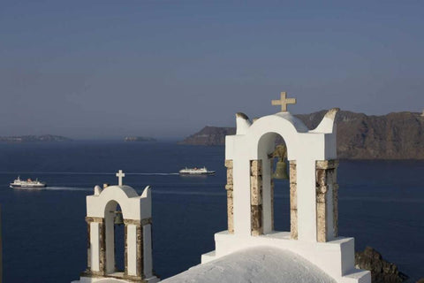 Greece, Thira, Oia Bay scenic with bell tower White Modern Wood Framed Art Print with Double Matting by Young, Bill